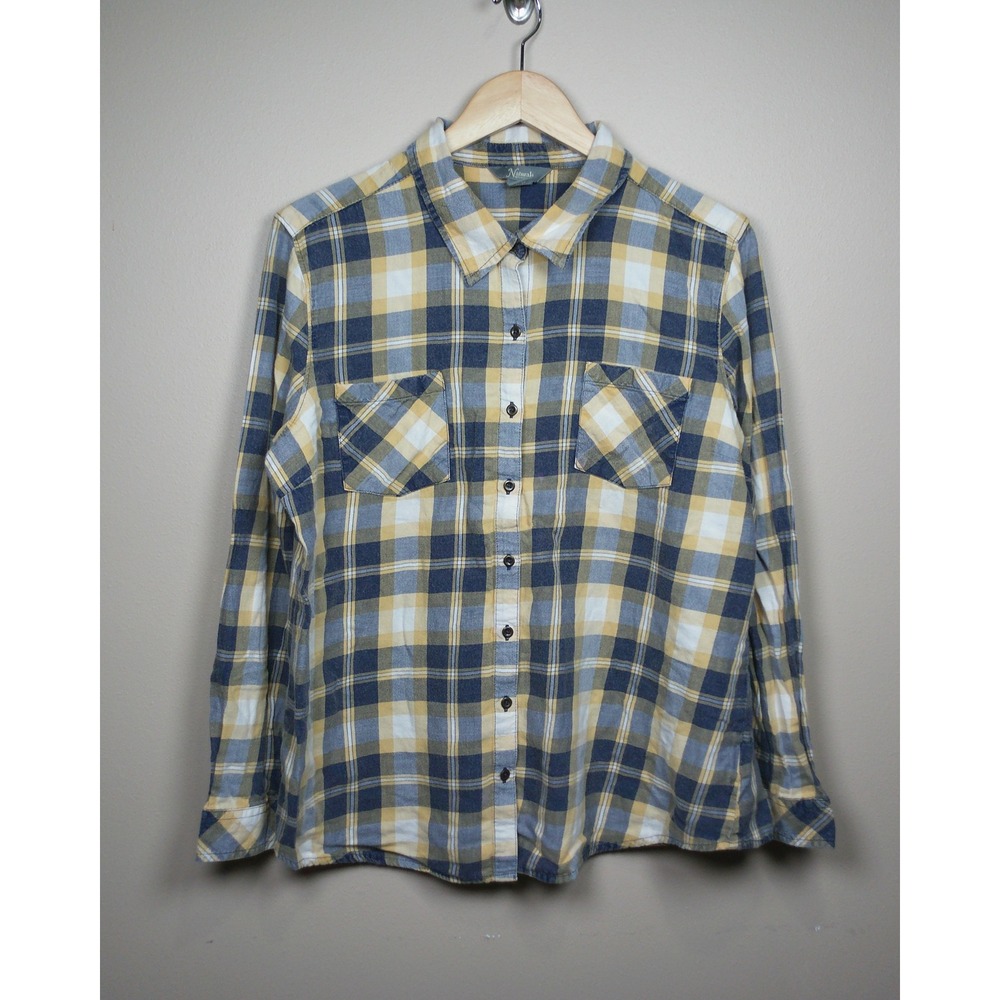 Natural Reflections Flannel Shirt Navy Blue Yellow Plaid Button Down XL Womens - Picture 2 of 10